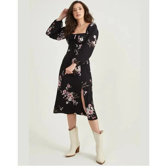 Altar'd State Dresses & Skirts - Altar’d State Amelia Black Floral Midi Dress With Front Split Size Small